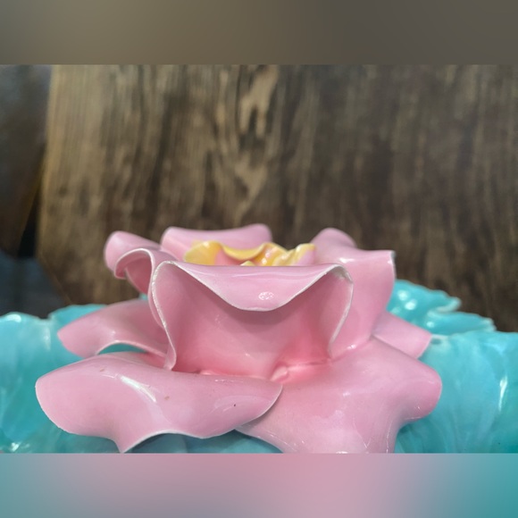 Vintage Enchanto candy dish turquoise leaves (cabbage?) and pink rose - Picture 11 of 16